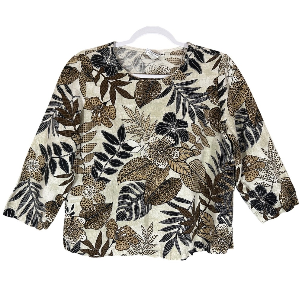 Hot Cotton Linen Blend Tropical‎ Floral Print 3/4 Sleeve Top Sz M Made in USA